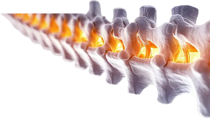 Illustration of a human spine, showing vertebrae interconnected with a glowing depiction of the spinal cord in the center.