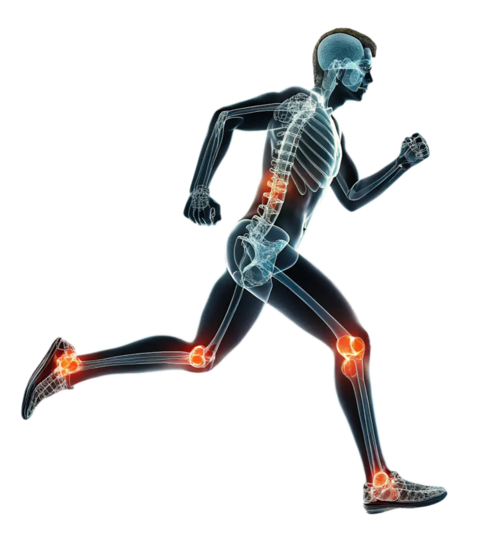 X-ray style illustration of a human skeleton in a running pose, highlighting joints in red, showcasing muscular and skeletal structures through diagnostic imaging.