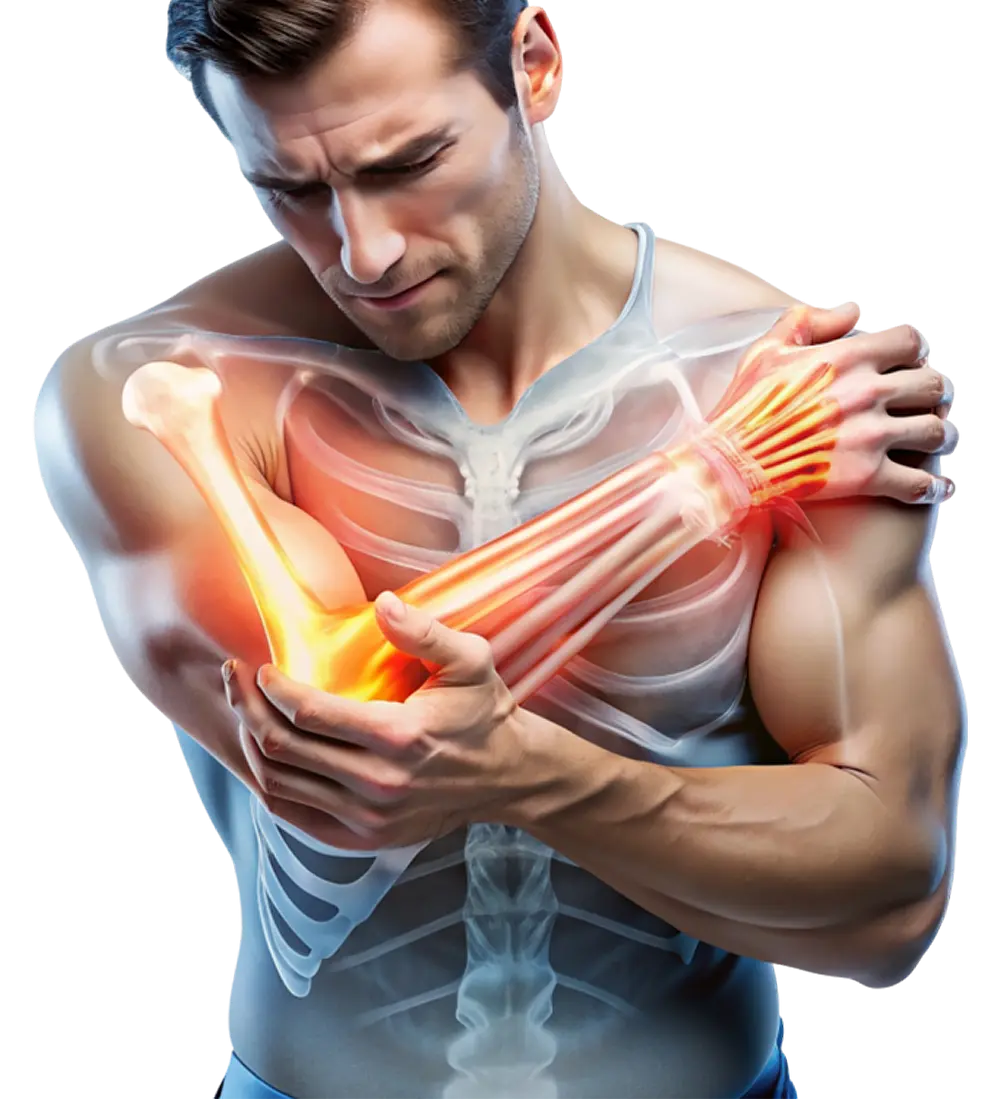 A man holds his elbow, with a highlighted skeletal structure and glowing area signifying arm pain, extending from the shoulder to the elbow.