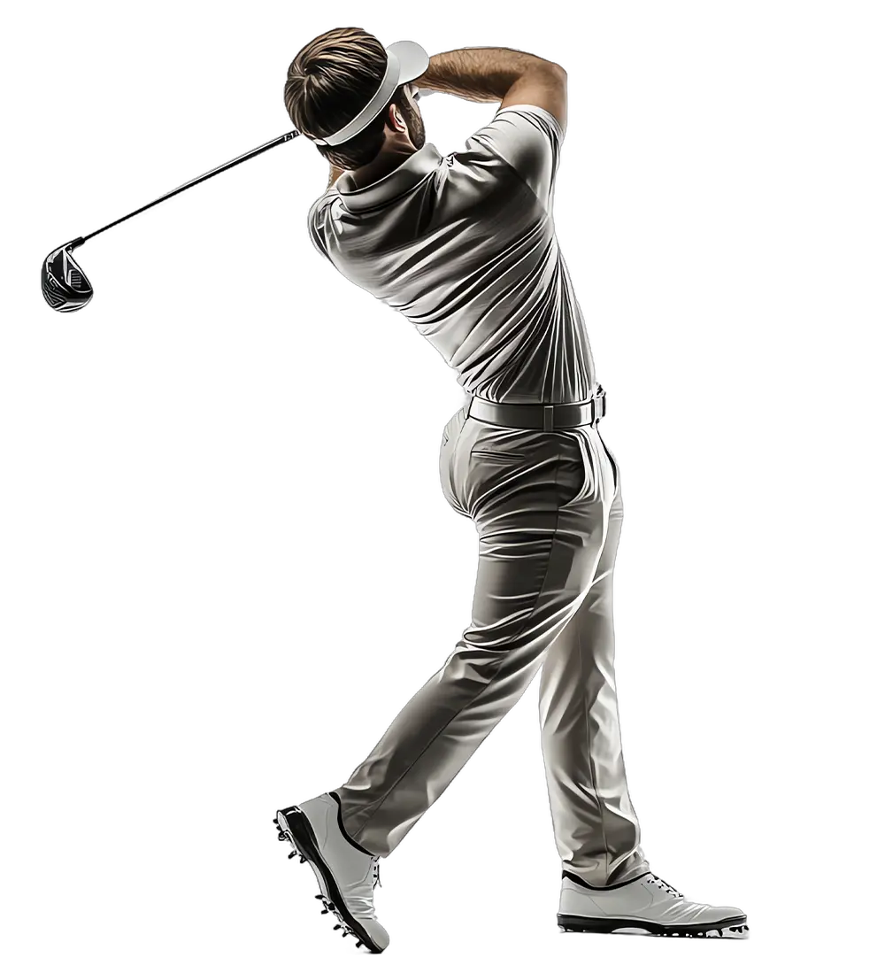 Golfer in a white outfit and visor finishing a swing against a black background, capturing the elegant spirit of the Ronnie Randall Memorial.