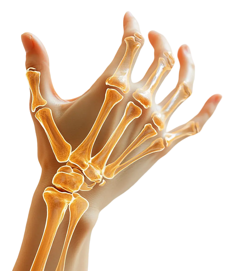 Illustration of a hand and wrist with an overlaid X-ray revealing the intricate bone structure.