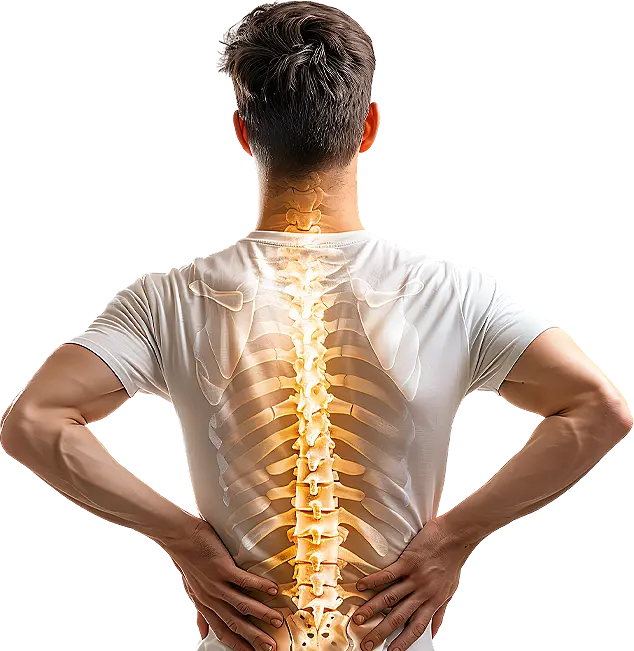 Person holding lower back with visible spine illustration on white shirt.