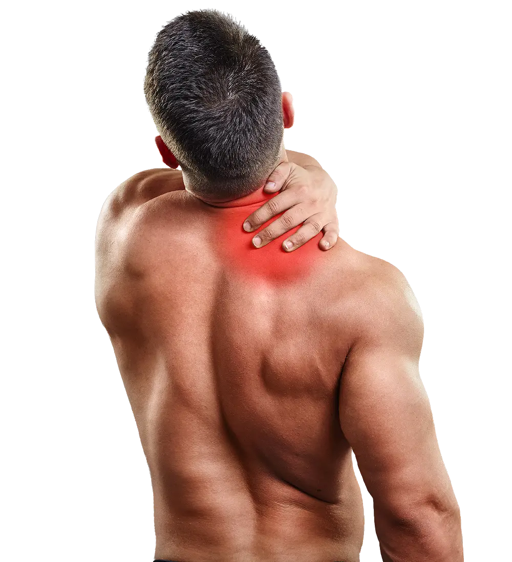 A man with short hair is seen from the back, touching his neck with his left hand. A red spot highlights possible pain or tension, suggesting he might benefit from our services.