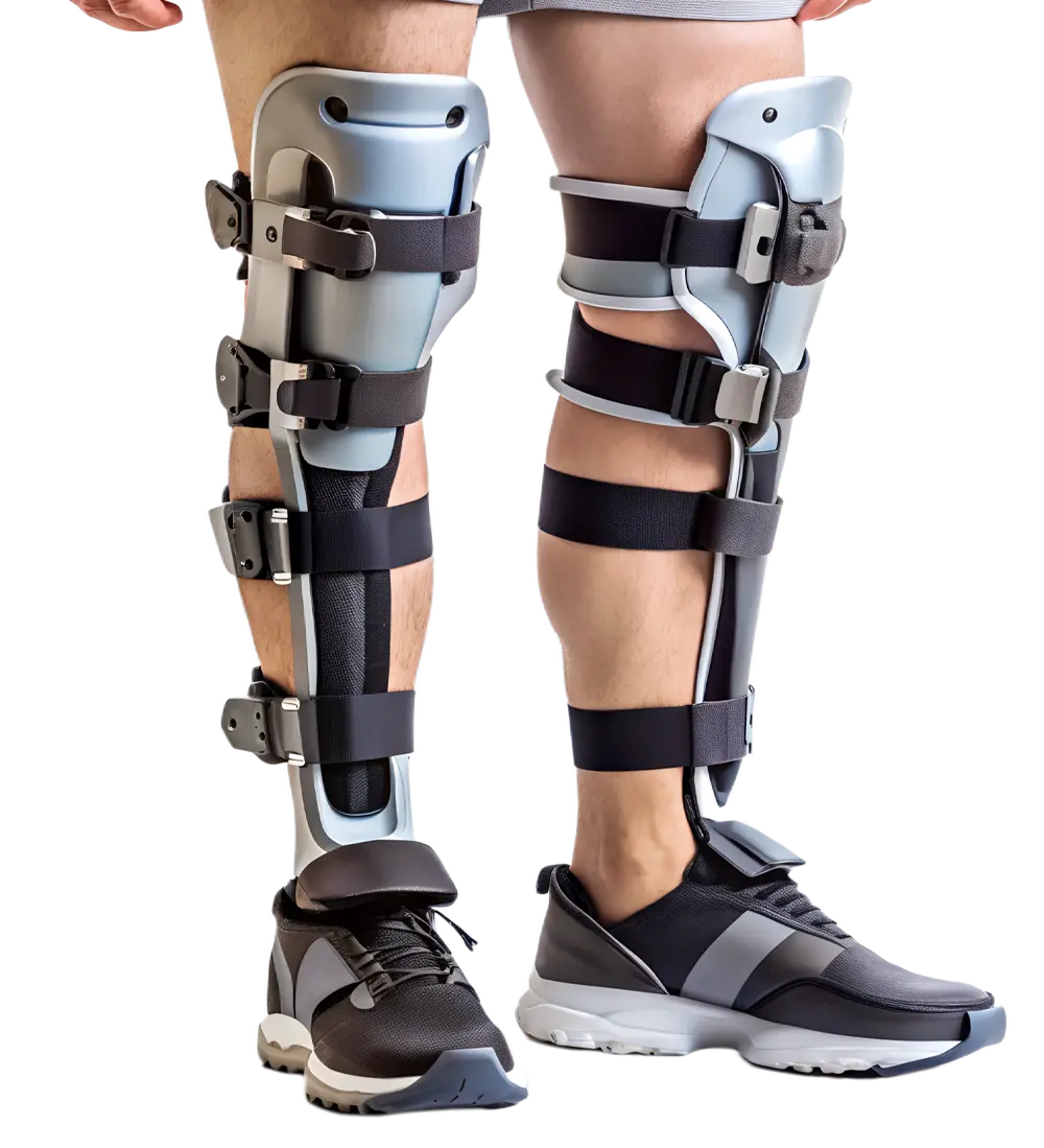 A person's legs wearing two metallic robotic exoskeleton braces, resembling advanced orthotics, each secured with straps and paired with black athletic shoes.