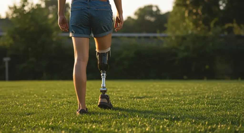 A person wearing denim shorts and a prosthetic leg walks on green grass in a park, with trees and sunlight in the background.