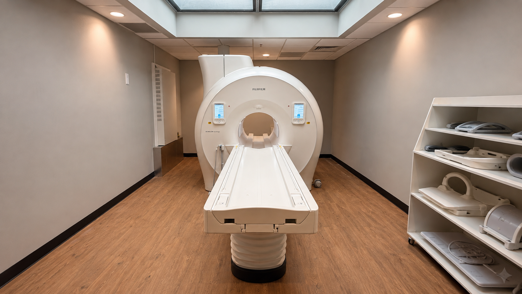 A modern MRI machine in a clean, well-lit room with wood flooring and shelves holding medical equipment on the right side.
